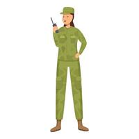 Female soldier is standing and using a walkie talkie to communicate vector