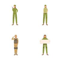 Set of four illustrations representing military characters in various poses and uniforms vector