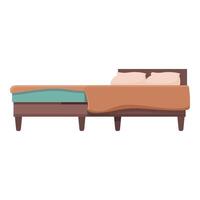 Double bed with wooden frame, pillows and blanket covering half of the mattress vector