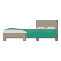 Big double bed with wooden frame and turquoise blanket being made vector