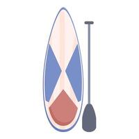 Blue and white paddle board with paddle standing up against white background vector