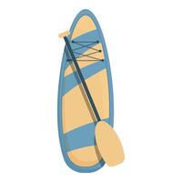 Blue and yellow surfboard for stand up paddling with paddle tied on board vector
