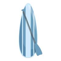 Blue and white paddle board with paddle leaning on white background vector