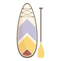 Paddle board with a colorful design and a paddle are shown vector