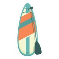 Orange and blue paddle board standing up with paddle leaning on white background vector