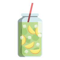Refreshing summer drink with peach slices and ice cubes in a glass jar with a straw vector