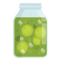 Glass jar filled with sliced kiwi fruit and green liquid preserving process vector