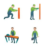 Repairman icons set cartoon . Man worker with various tool vector