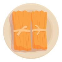 Two tamales are tied with string and laying on a plate, ready to be enjoyed vector