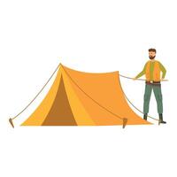 Hunter setting up camping tent in wilderness vector