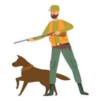 Hunter is aiming a shotgun while hunting with his dog vector