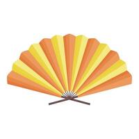 Handheld fan is folded and open, showing alternating orange and yellow colors vector