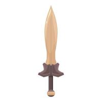 Sharp metal sword with a wooden hilt is pointing upwards vector