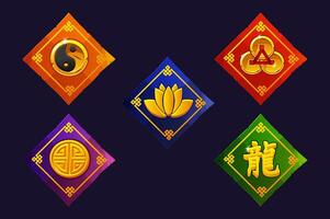 Colored papers with Chinese icons. Banner, frame or template for icons. Chinese Style Icons for 2D Games and Casino or Slots. vector
