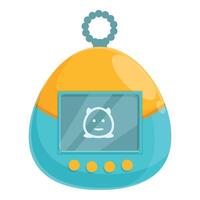 Blue and yellow tamagotchi showing smiling monster on screen with buttons below vector