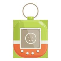 Green and orange tamagotchi toy with keychain featuring smiling face on digital screen vector