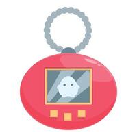 Red virtual pet keychain hanging with grey chain displaying pixelated white creature vector