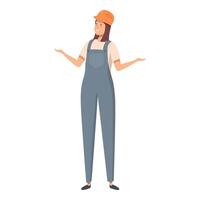 Construction worker is gesturing with open hands to present something vector