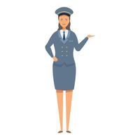 Smiling female flight attendant showing something with hand wearing uniform vector