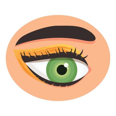 Female green eye with long black eyelashes showing golden eyeshadow makeup tutorial