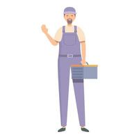 Handyman is holding a toolbox and waving with his other hand vector