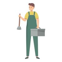 Young plumber holding plunger and toolbox getting ready to work vector