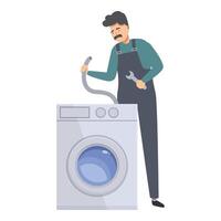 Plumber repairing washing machine using adjustable wrench and holding drain hose vector