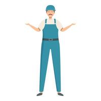 Handyman wearing blue overalls and hardhat is shrugging with open palms vector
