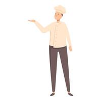 Smiling chef pointing with hand to aside presenting food product vector