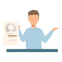 Smiling recruiter showing cv with photo sitting at desk during job interview vector