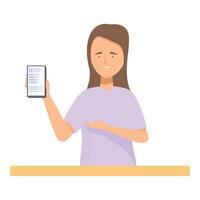 Woman presenting mobile phone application interface sitting at desk vector