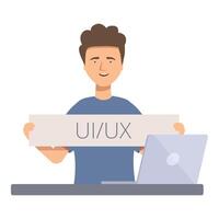 Smiling ui ux designer holding banner with laptop on table vector