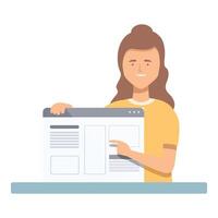 Smiling woman presenting website layout on desktop computer screen vector