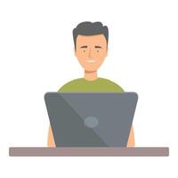 Young man is sitting at a desk, working on his laptop and smiling vector