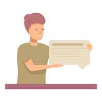 Young man showing speech bubble with text promoting online communication vector
