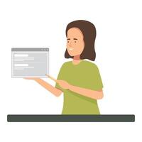 Web designer woman holding website interface and pointing with pencil vector