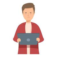 Young man holding tablet browsing internet working remotely from home vector