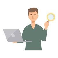Smiling man holding magnifying glass and laptop searching for information vector