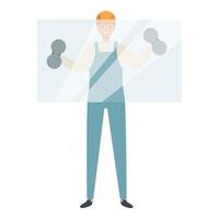Construction worker in uniform and hard hat installing glass pane using suction cups vector