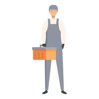 Smiling handyman holding toolbox wearing overalls and hard hat vector