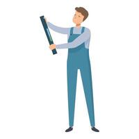 Construction worker holding level tool checking alignment for building project vector