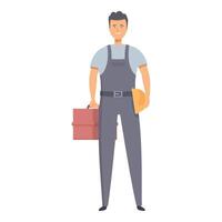 Construction worker holding tool box and helmet smiling builder wearing overalls vector