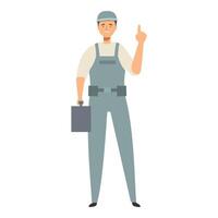 Construction worker holding toolbox and pointing up with index finger vector