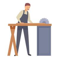 Carpenter working wood using circular saw standing at table in workshop vector