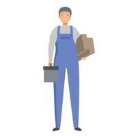 Smiling repairman holding a toolbox and cardboard box is ready to work vector