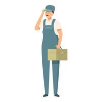 Handyman holding toolbox and adjusting cap wearing overalls ready for work vector