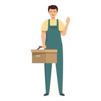 Smiling handyman holding toolbox waving hand greeting client vector