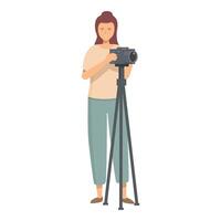 Female photographer taking picture using camera on tripod vector