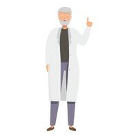 Elderly scientist is standing and pointing up with his index finger vector
