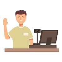 Cashier smiling and waving at grocery store checkout counter vector